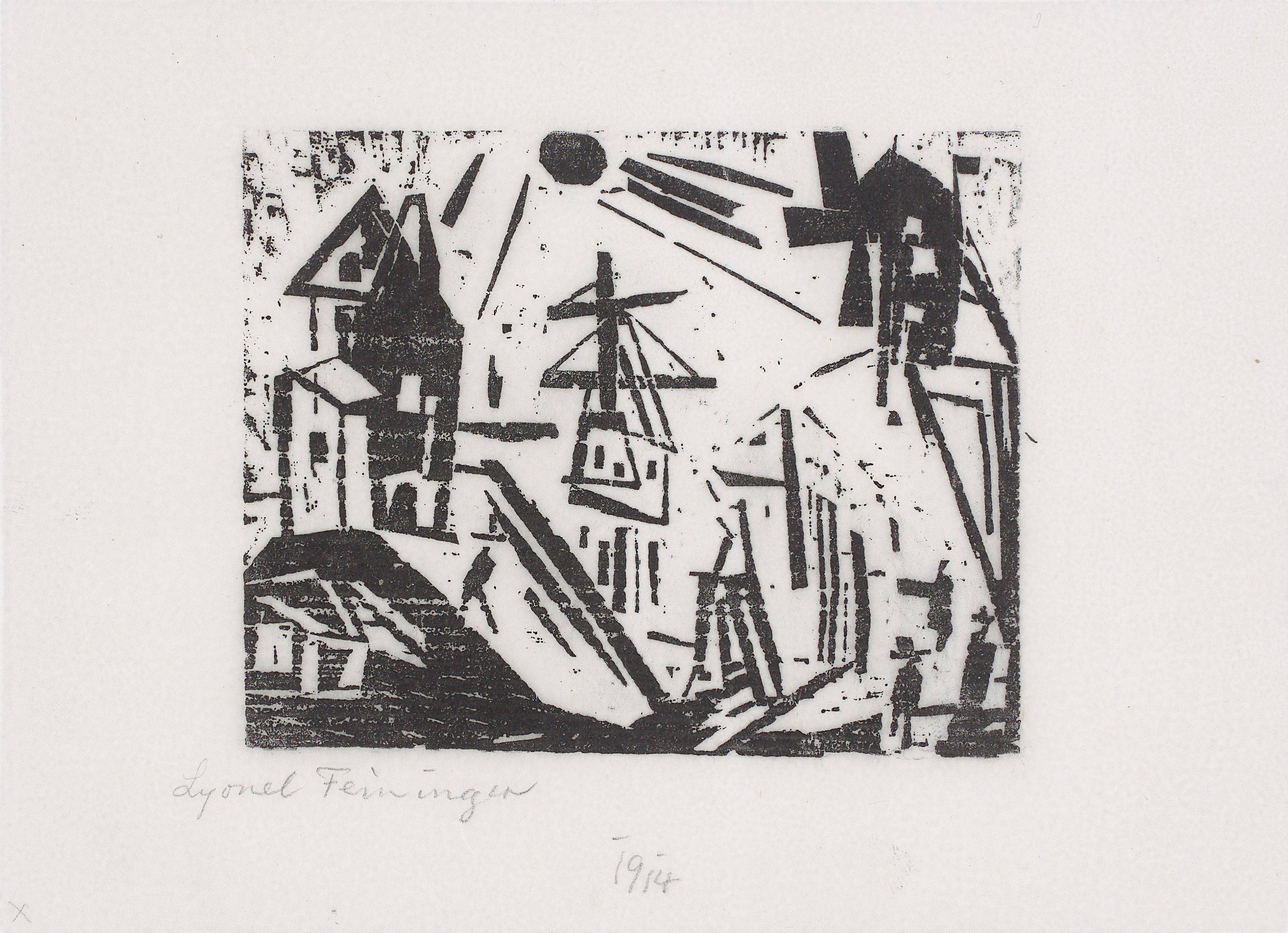 Auf diesem Bild ist das folgende Kunstwerk zu sehen: Lyonel Feininger. „Hafen mit Leuchtturm, Sonne und Mühle“. 1919.