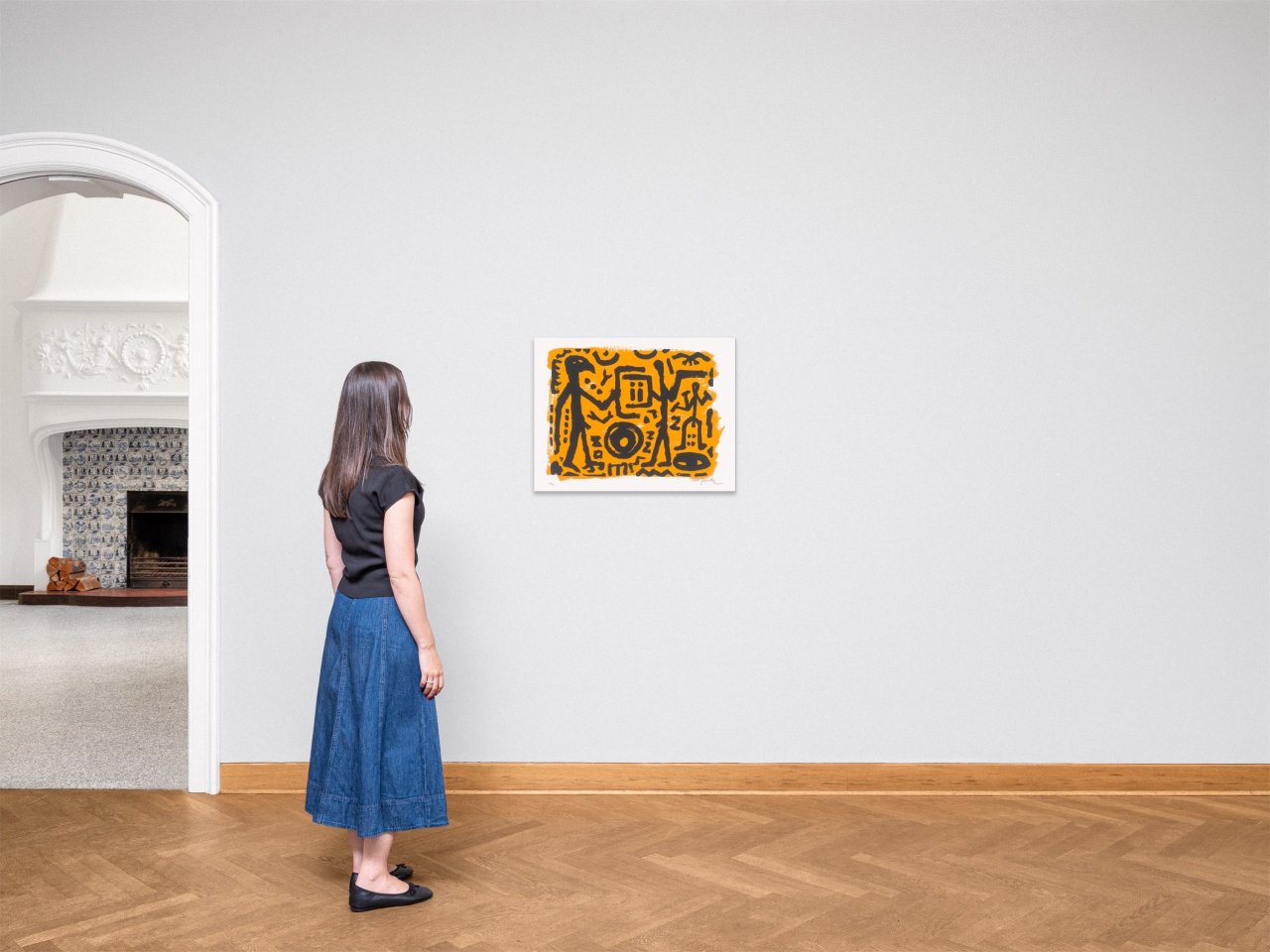 Auf diesem Bild ist das folgende Kunstwerk zu sehen: A.R. Penck. „Falkenkopf, Jäger und Adler“. 1994.