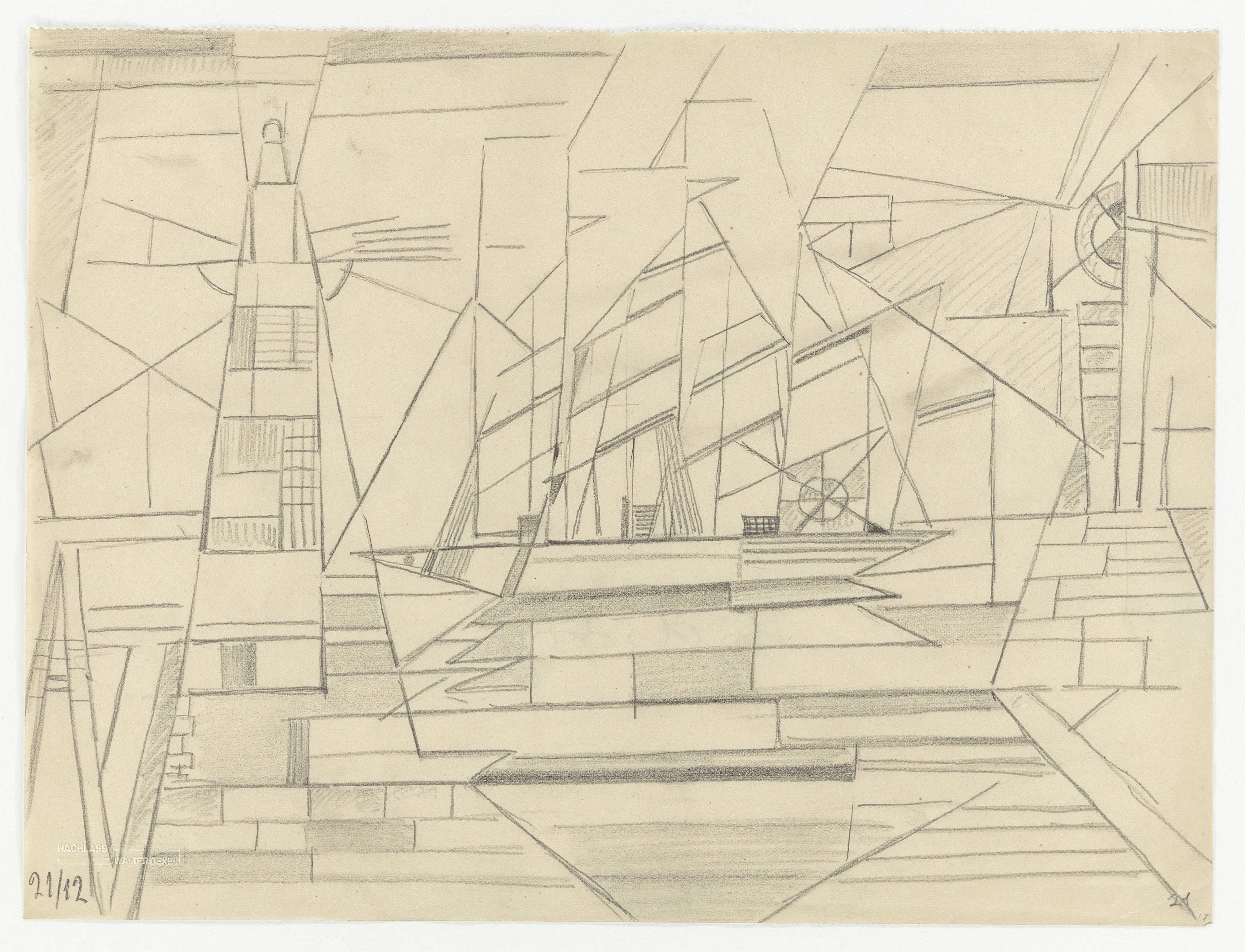This picture shows the following artwork: Walter Dexel. Leuchtturm und Segelschiff (Lighthouse and sailing ship). 1912.