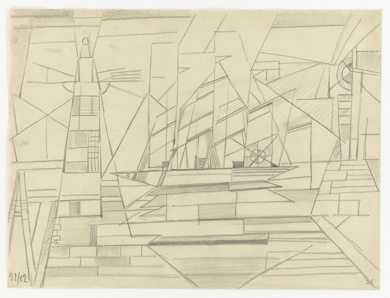 This picture shows the following artwork: Walter Dexel. Leuchtturm und Segelschiff (Lighthouse and sailing ship). 1912.