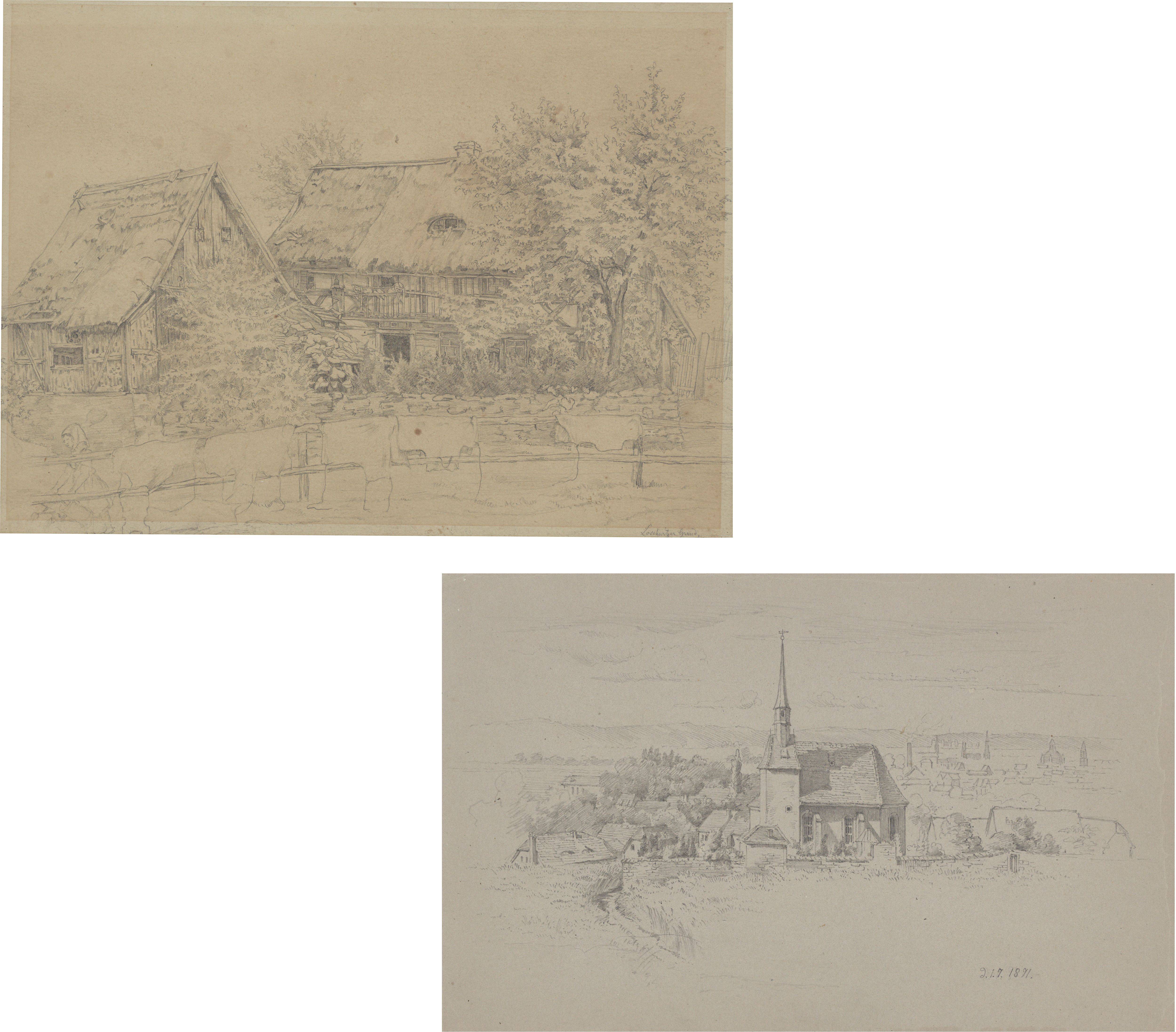 This picture shows the following artwork:  German, circa 1870. Two study drawings: Loschwitzer Grund / Village church. No year / 1871.