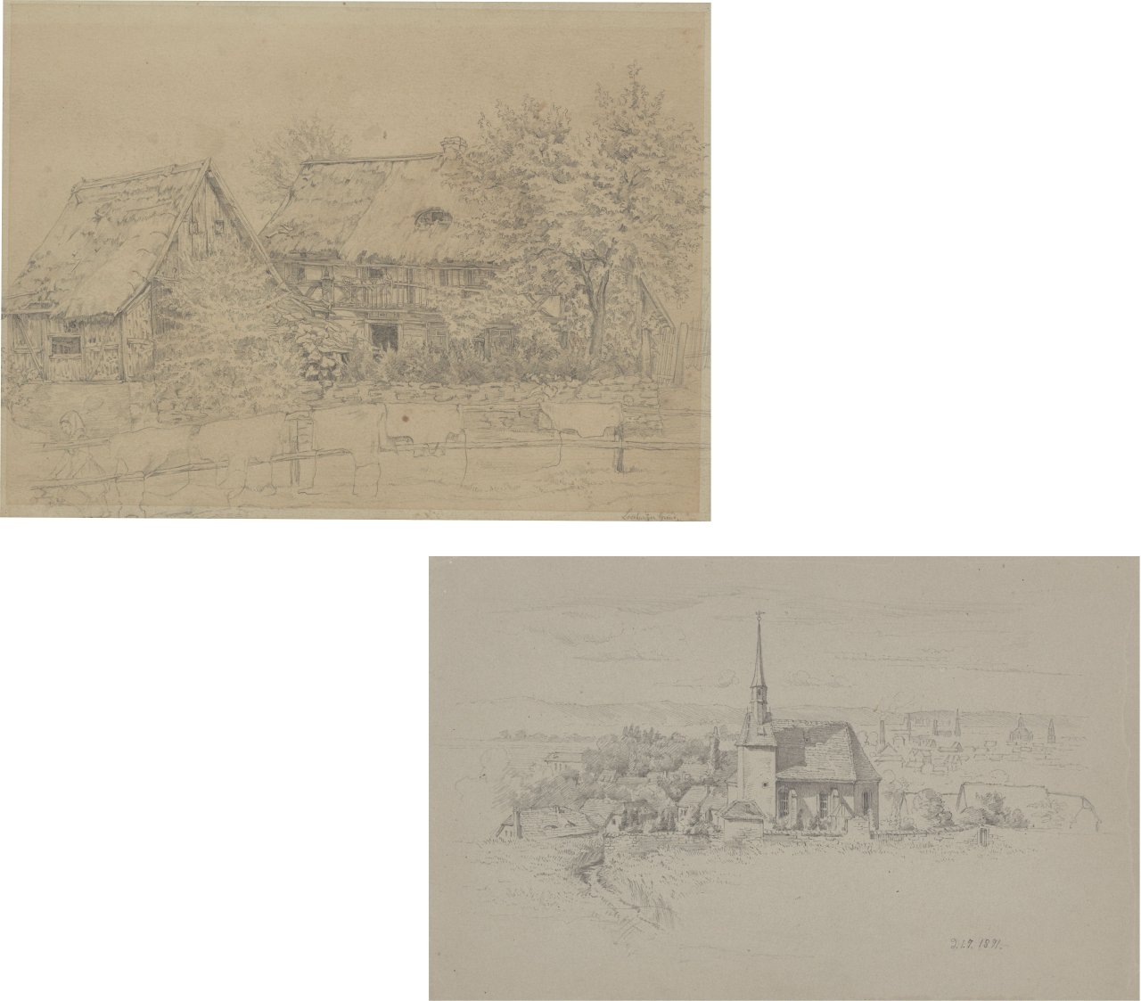 This picture shows the following artwork:  German, circa 1870. Two study drawings: Loschwitzer Grund / Village church. No year / 1871.