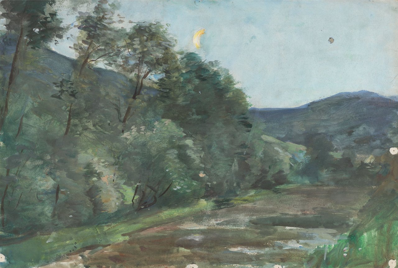 This picture shows the following artwork: Lesser Ury. ”Thüringer Landschaft bei aufgehendem Mond (Studie)”. Circa 1895/1900.