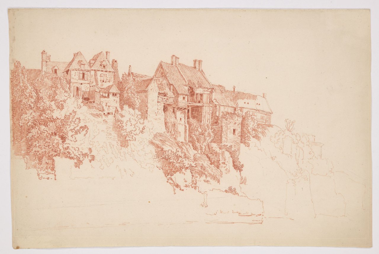 This picture shows the following artwork: Jakob Philipp Hackert. Houses on a steep bank. Presumably circa 1766/67.