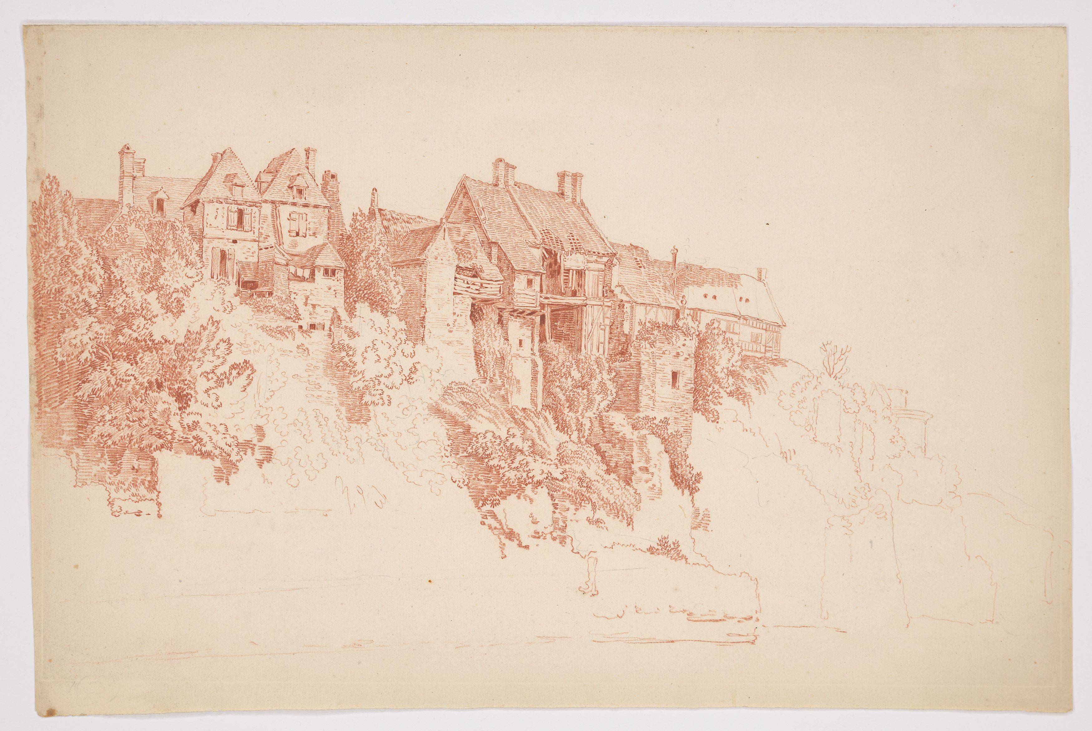 This picture shows the following artwork: Jakob Philipp Hackert. Houses on a steep bank. Presumably circa 1766/67.