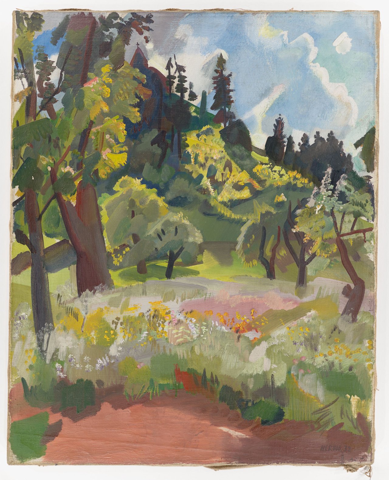 Auf diesem Bild ist das folgende Kunstwerk zu sehen: Otto Herbig. Bergwiese mit Bäumen. 1932.