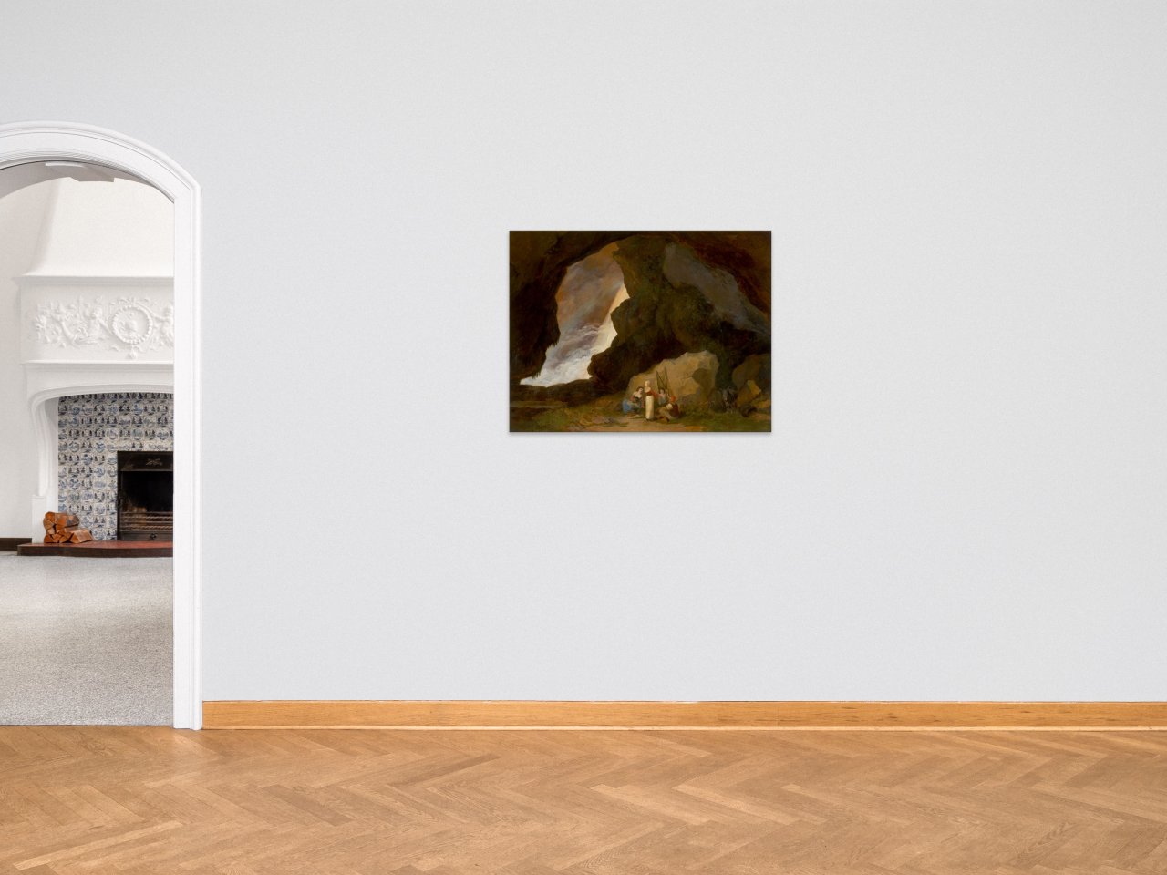 This picture shows the following artwork:  German, circa 1830. Group of figures in a dark grotto. Circa 1830.