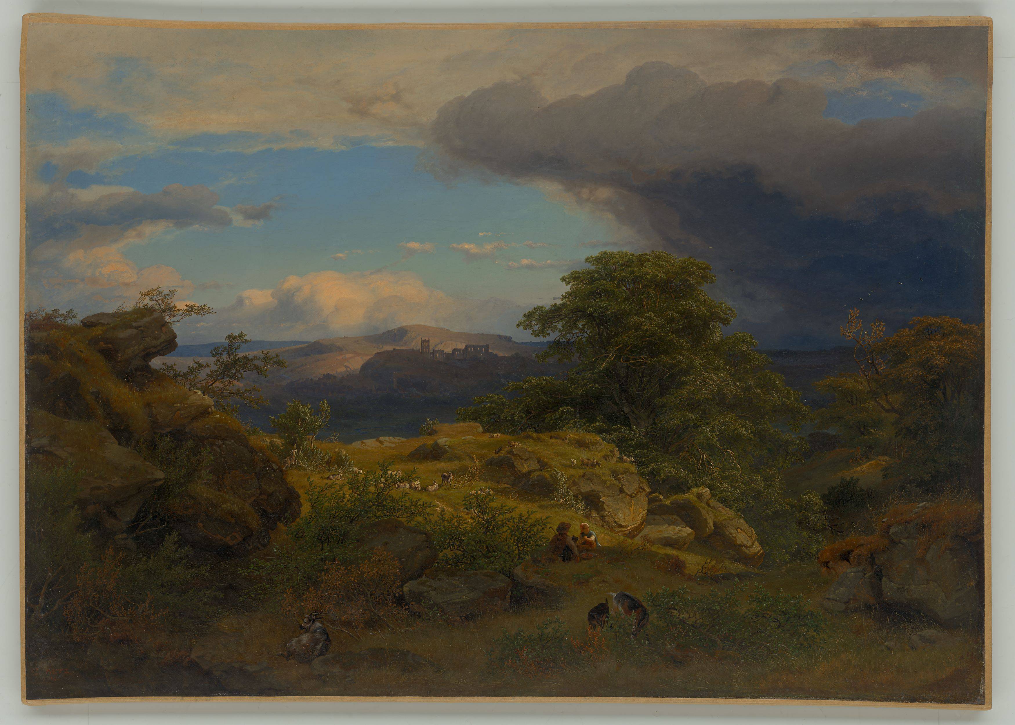 This picture shows the following artwork: Cäsar Metz. Large Rhine landscape with a view of the Rheinfels fortress and St. Goar. 1844.