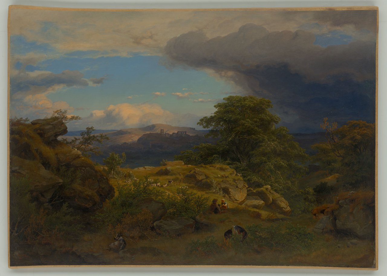 This picture shows the following artwork: Cäsar Metz. Large Rhine landscape with a view of the Rheinfels fortress and St. Goar. 1844.