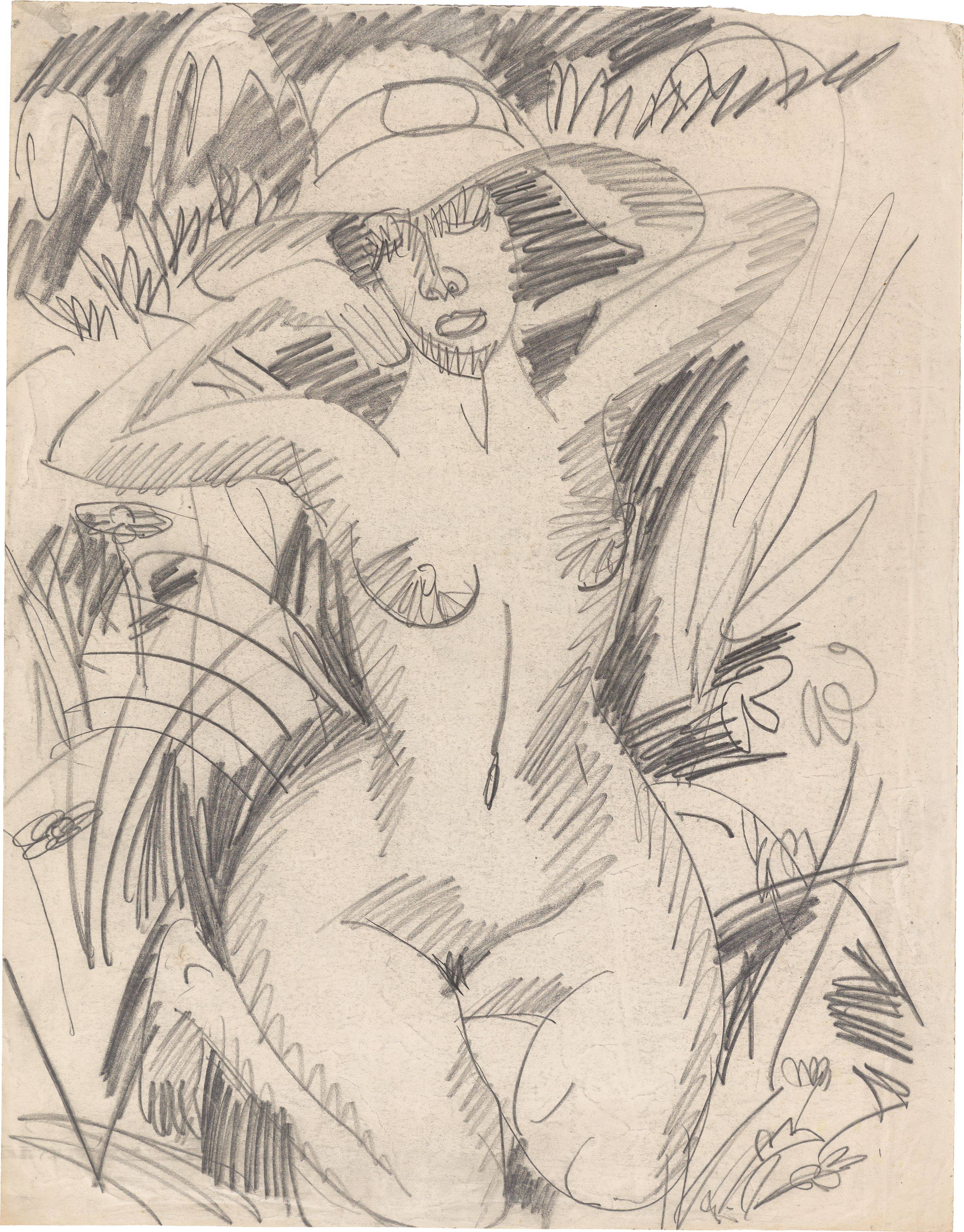 This picture shows the following artwork: Ernst Ludwig Kirchner. Kneeling female nude with hat in dunes. 1912.