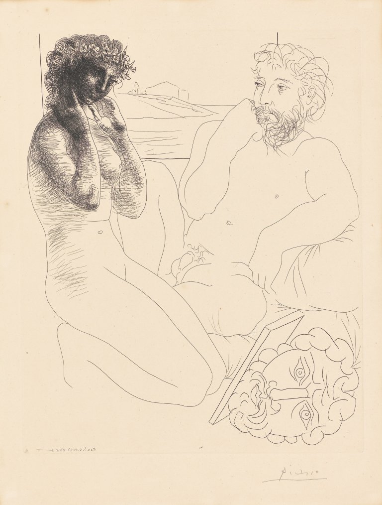 Auf diesem Bild ist das folgende Kunstwerk zu sehen: Pablo Picasso. „Sculpteur et modèle se regardant dans un miroir calé sur un autoportrait sculpté“. 1933/39.
