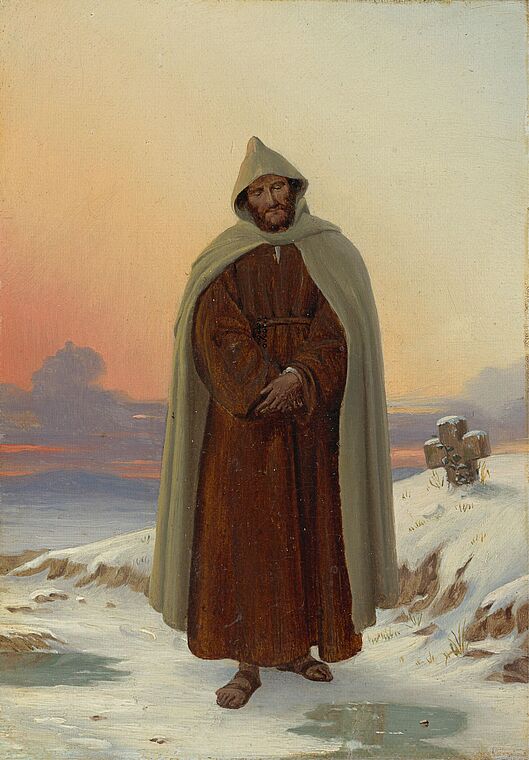 Pilgernder Mönch im Schnee